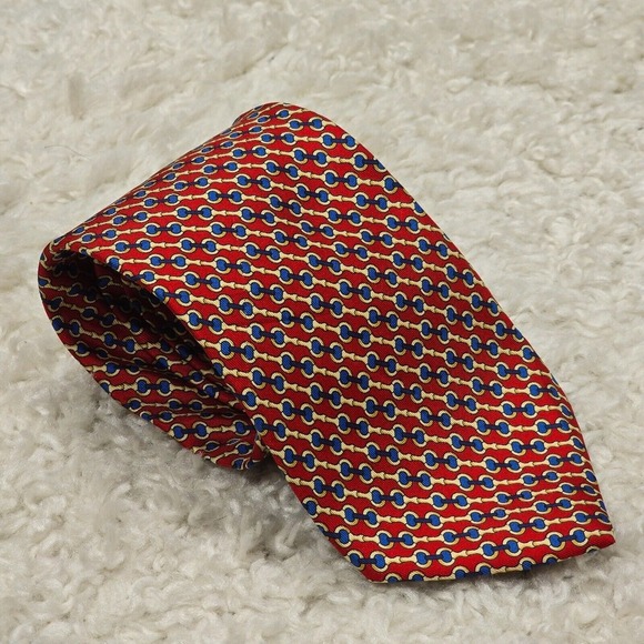 Brooks Brothers Makers Neck Tie Mens Blue Red Chain Link Pattern Silk‎ USA - Picture 1 of 7